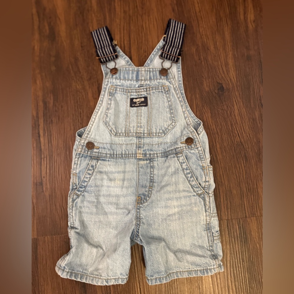OshKosh B'gosh Light Blue Denim Short Overalls with Striped Straps